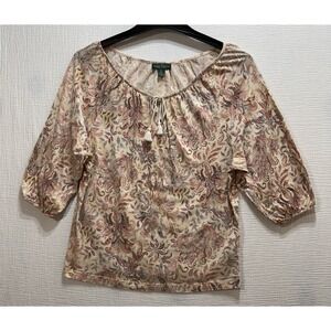 Lauren Ralph‎ Lauren Top Womens Size XS Beige Multicolor 3/4 Sleeves Paisley